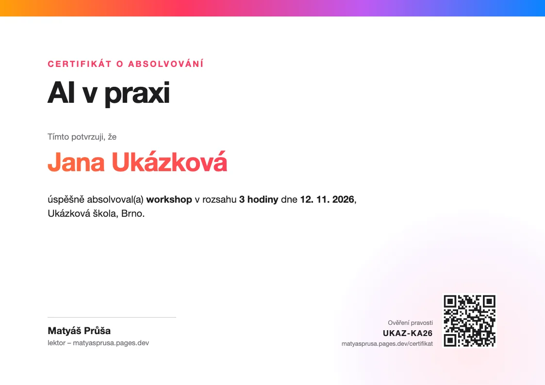 Ukázka certifikátu o absolvování workshopu AI v praxi